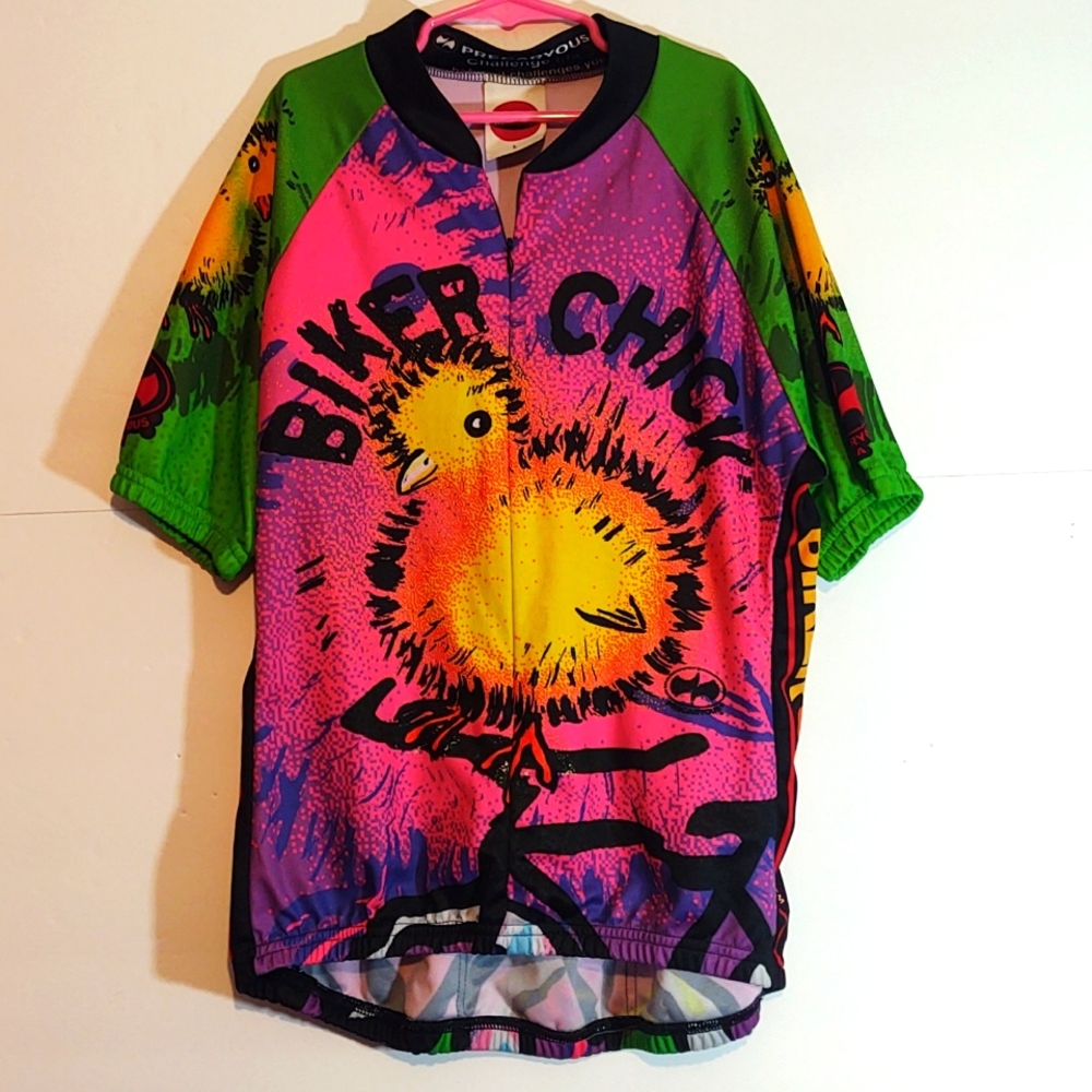 Biker Chick, bicycle jersey,women L, colorful, precaryous world jerseys